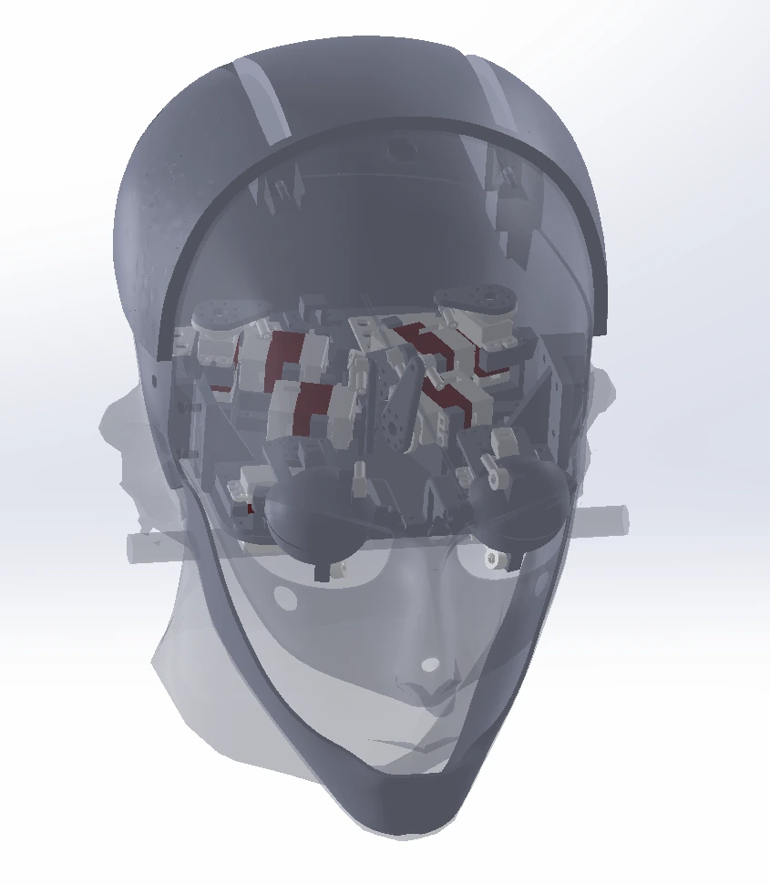Translucent CAD view of the expressive-face platform showing its internal mechanism.