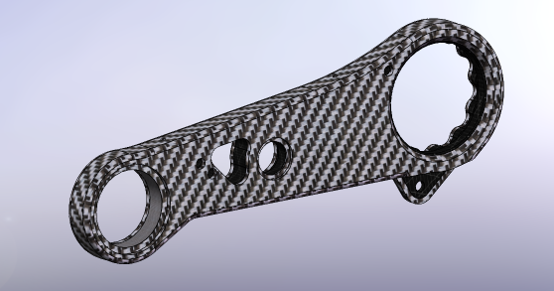 CAD rendering of the hollow carbon-fiber leg with bearing interfaces.