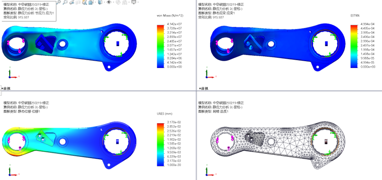 Four simulation views showing stress, strain, displacement and mesh for the leg.